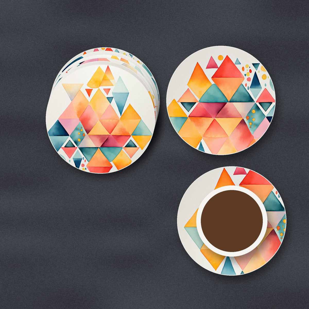 Pastel Diamond Mosaic ceramic coasters, matte finish, stacked on a slate kitchen worktop