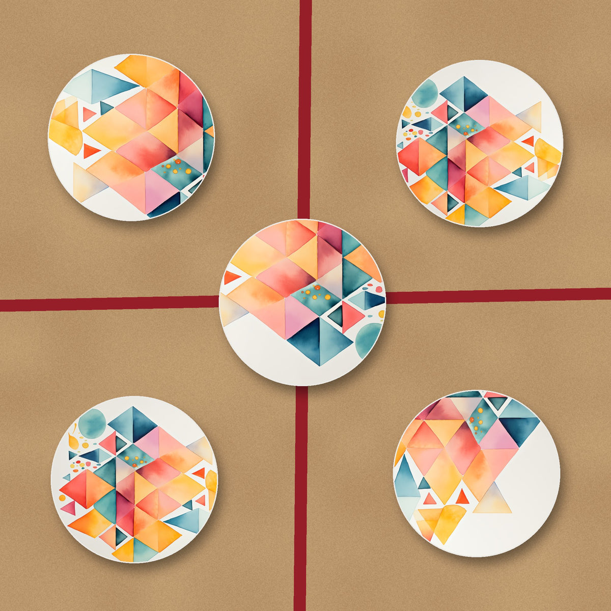 Pastel Diamond Mosaic ceramic coasters, glossy finish, on kraft gift wrap