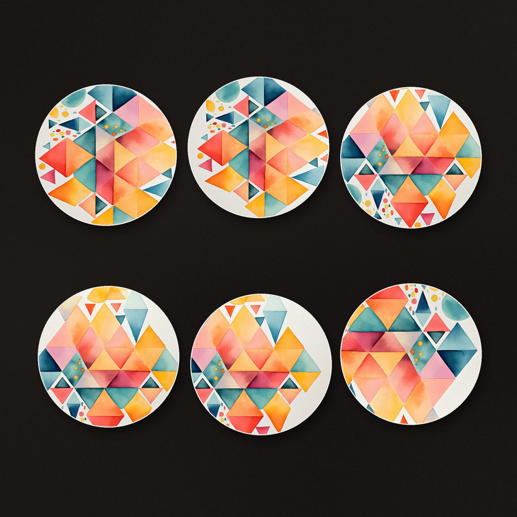 Pastel Diamond Mosaic round ceramic coasters, matte finish, on a dark bar counter