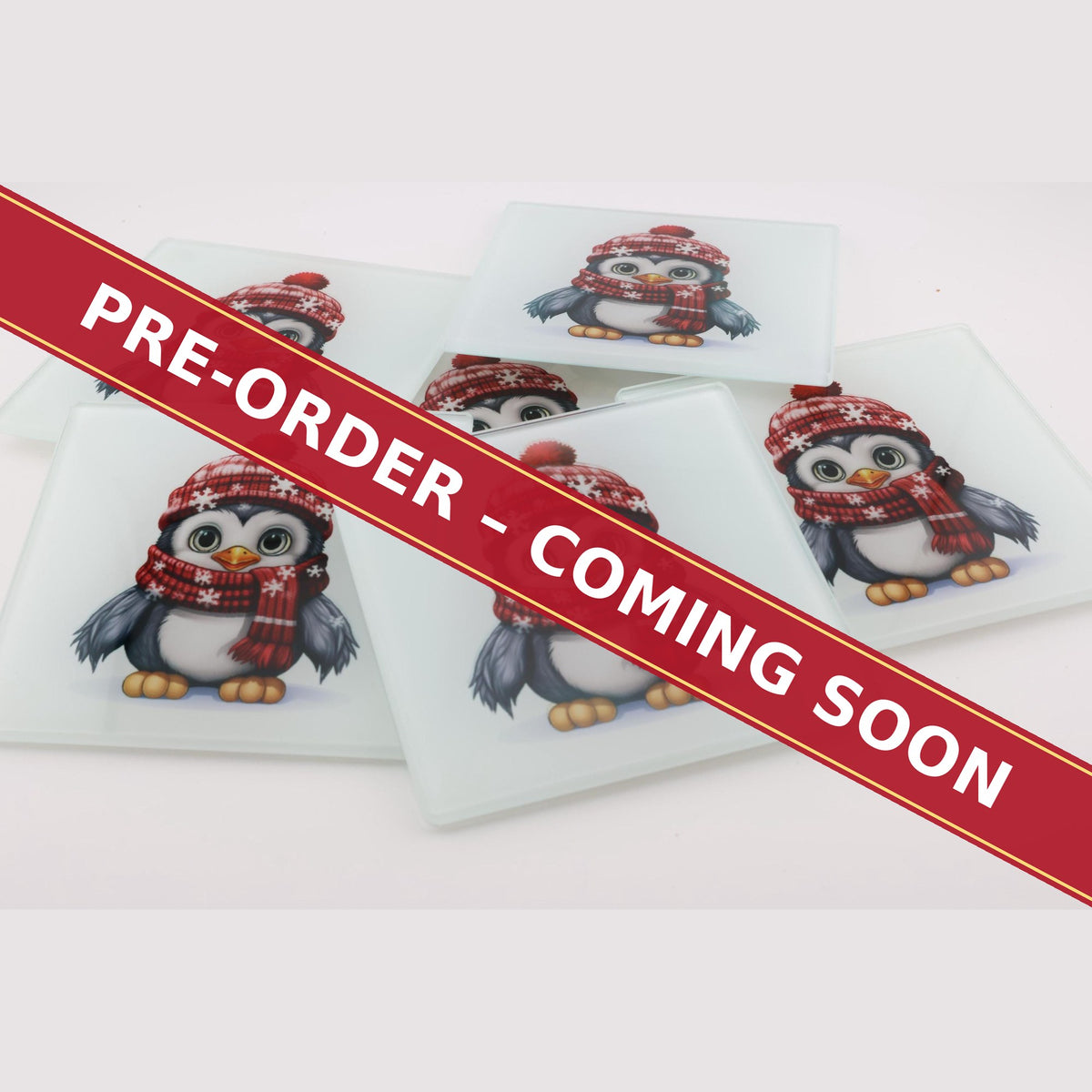Christmas Penguins in Red Hats square glass coaster set of 6, pre-order coming soon