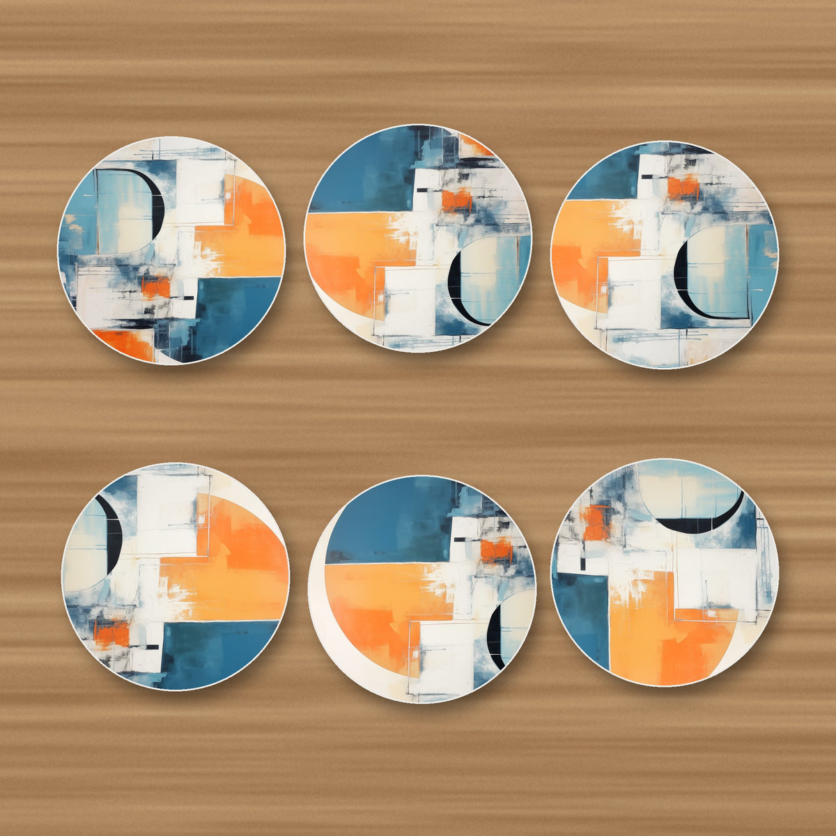 Mid-Century Cubist Arches round ceramic coasters, set of 6, glossy finish, on an oak coffee table