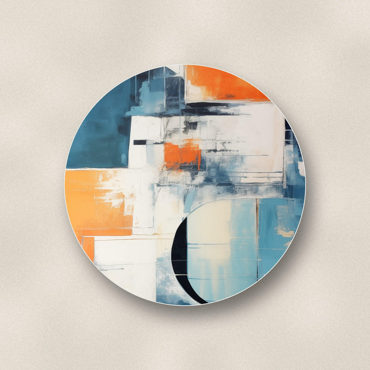 Close-up of one mid-century cubist arches ceramic coaster, glossy finish, flat UV print