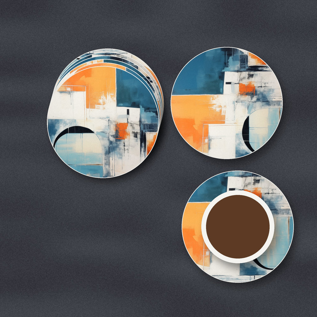 Mid-Century Cubist Arches ceramic coasters, matte finish, stacked on a slate kitchen worktop