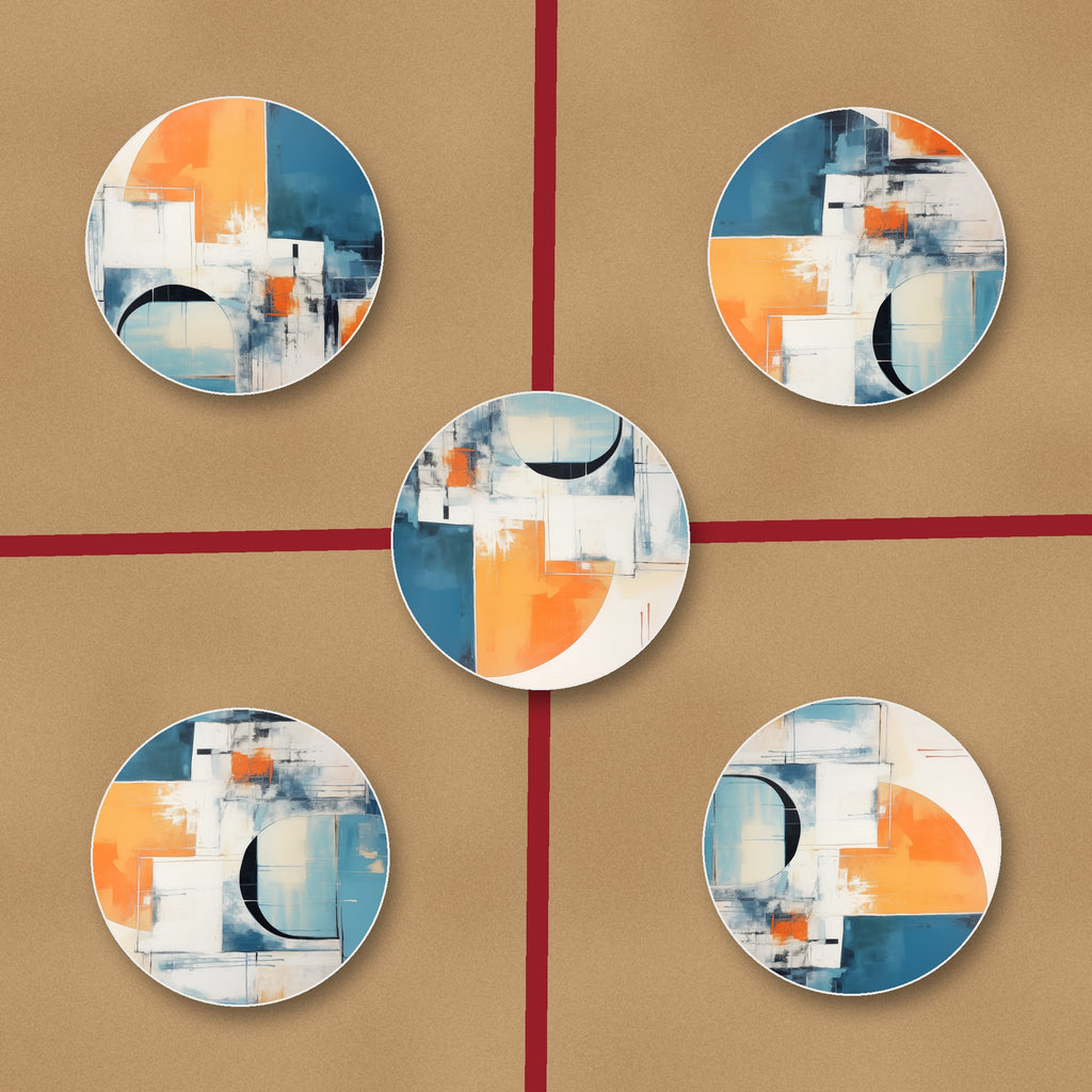 Mid-Century Cubist Arches ceramic coasters, glossy finish, on kraft gift wrap