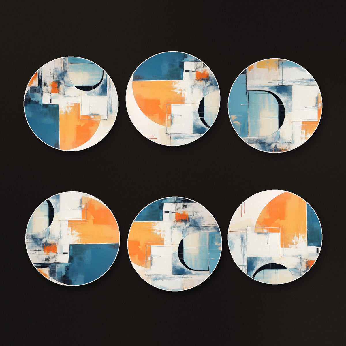 Mid-Century Cubist Arches round ceramic coasters, matte finish, on a dark bar counter