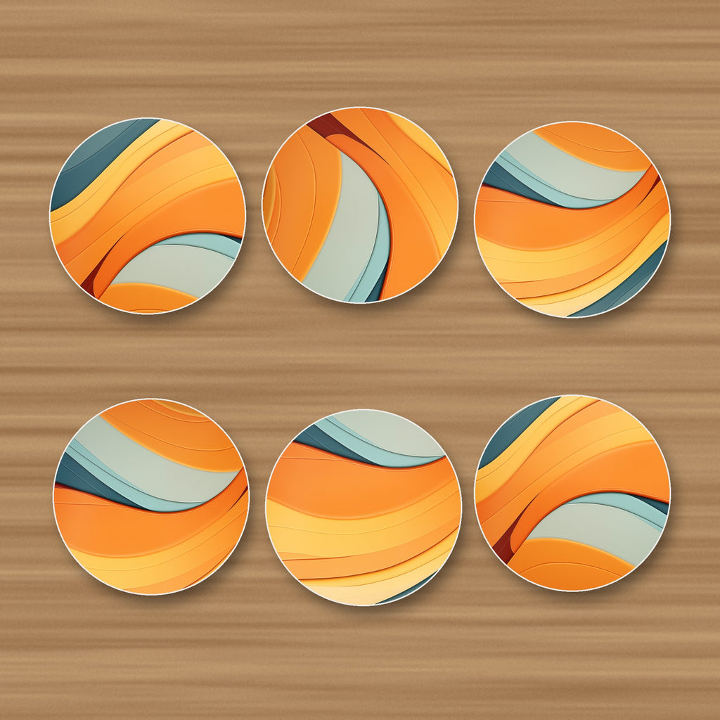 Orange & Teal Retro Waves round ceramic coasters, set of 6, glossy finish, on an oak coffee table
