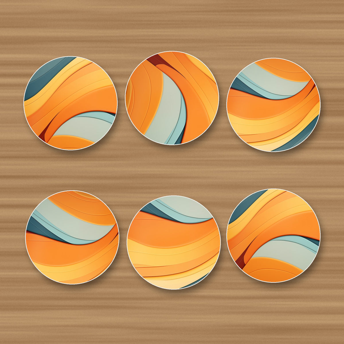 Orange & Teal Retro Waves round ceramic coasters, set of 6, glossy finish, on an oak coffee table