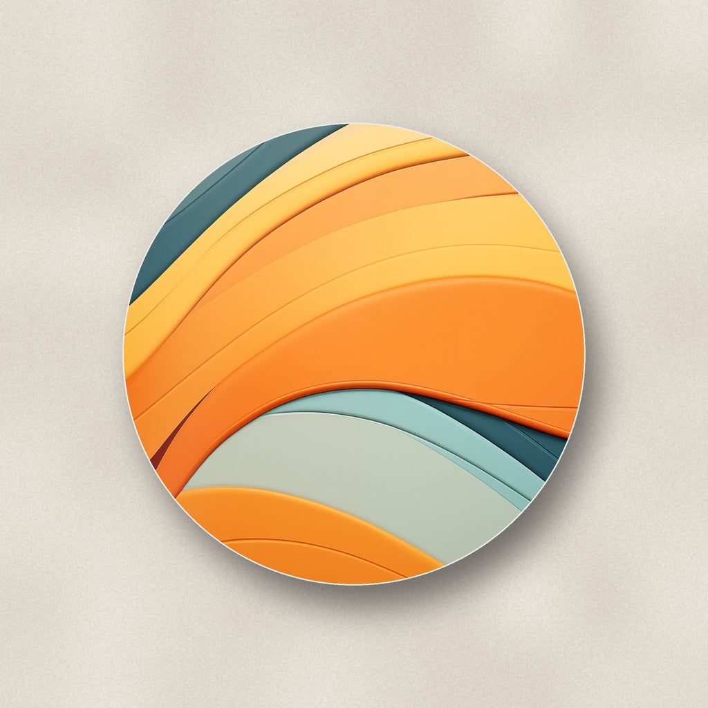 Close-up of one orange & teal retro waves ceramic coaster, glossy finish, flat UV print