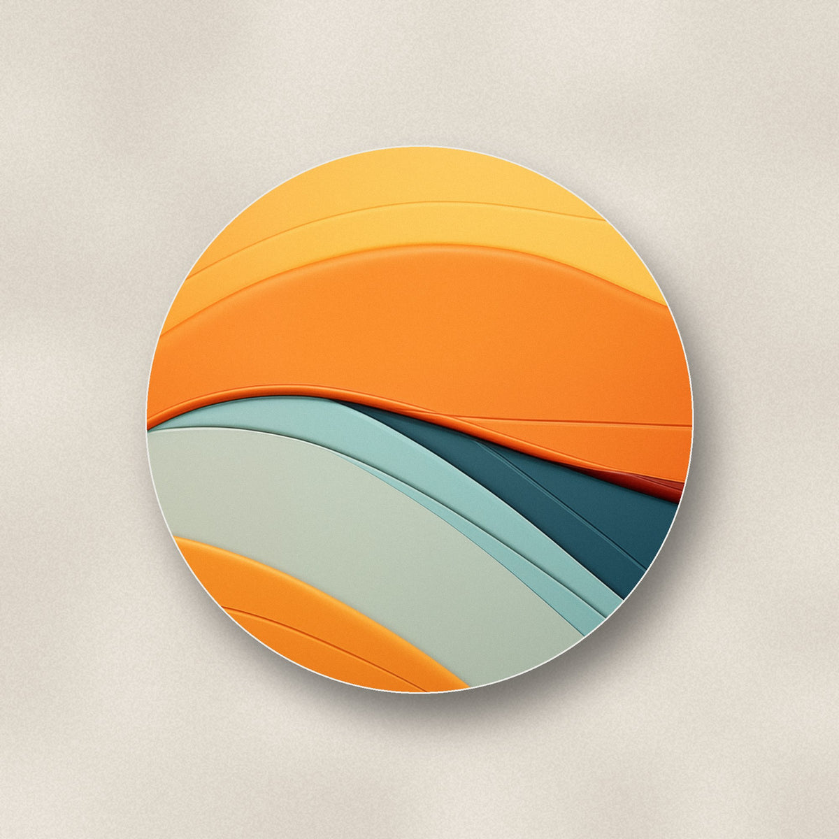 Close-up of one orange & teal retro waves ceramic coaster, matte finish, flat UV print