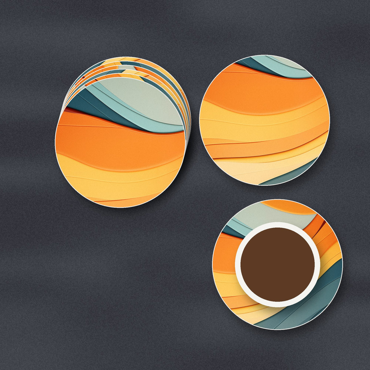 Orange & Teal Retro Waves ceramic coasters, matte finish, stacked on a slate kitchen worktop