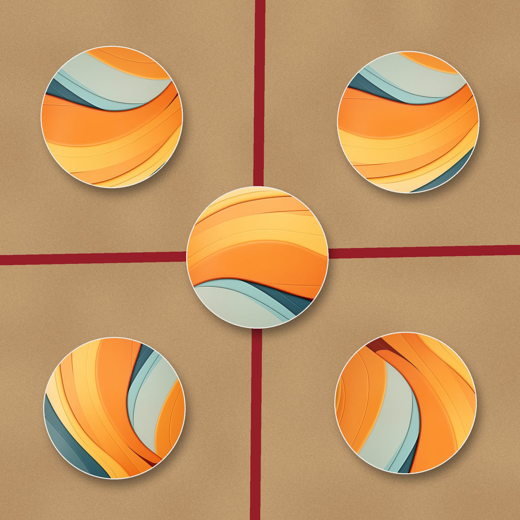 Orange & Teal Retro Waves ceramic coasters, glossy finish, on kraft gift wrap