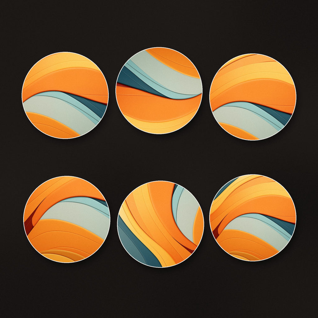 Orange & Teal Retro Waves round ceramic coasters, matte finish, on a dark bar counter
