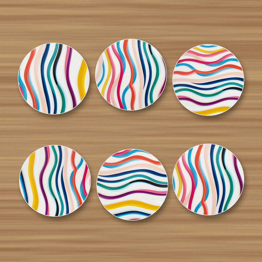 Rainbow Wavy Stripes round ceramic coasters, set of 6, glossy finish, on an oak coffee table