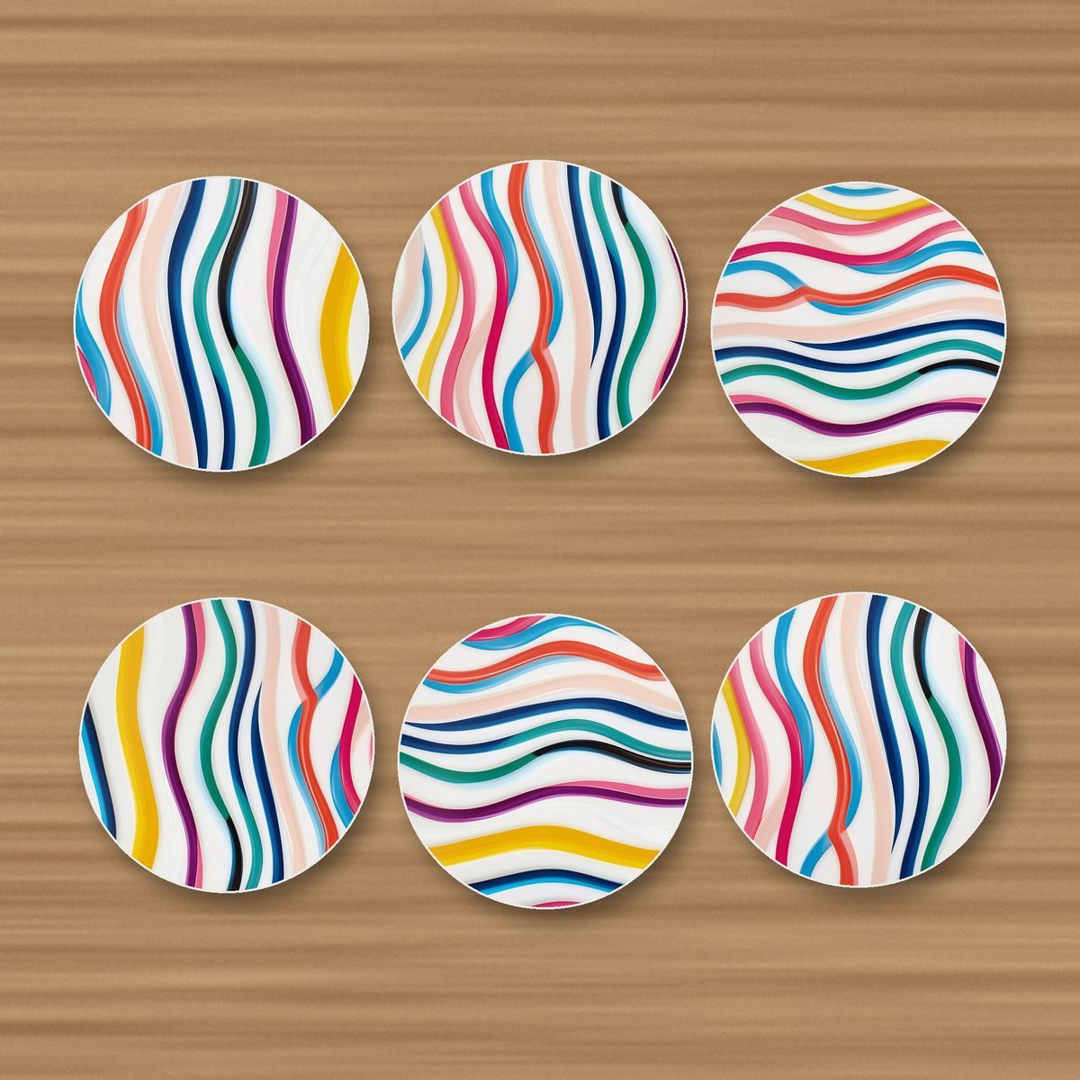 Rainbow Wavy Stripes round ceramic coasters, set of 6, glossy finish, on an oak coffee table