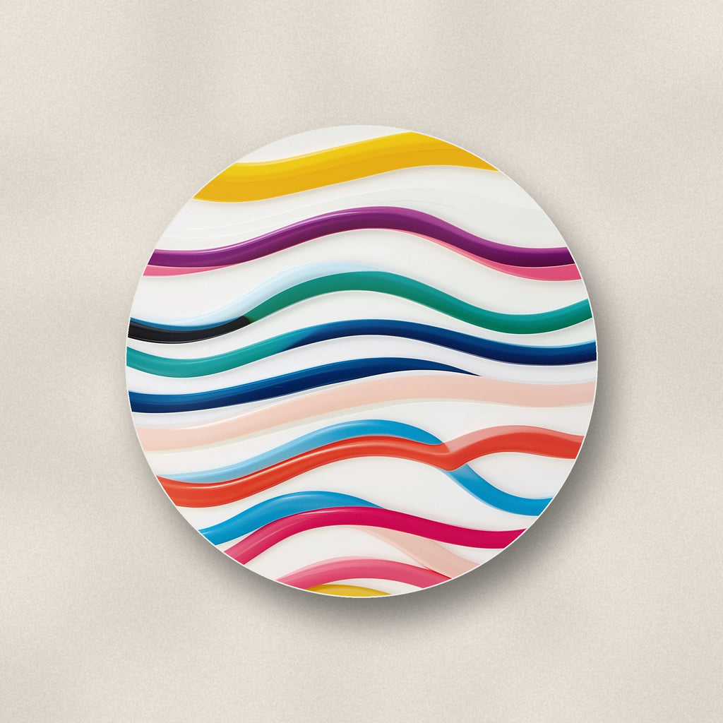 Close-up of one rainbow wavy stripes ceramic coaster, glossy finish, flat UV print