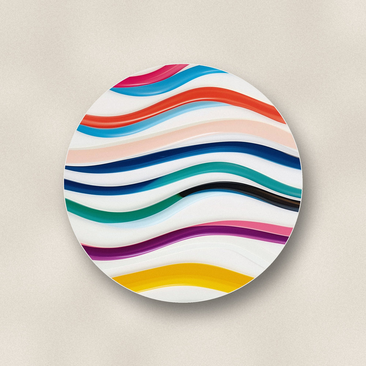 Close-up of one rainbow wavy stripes ceramic coaster, matte finish, flat UV print