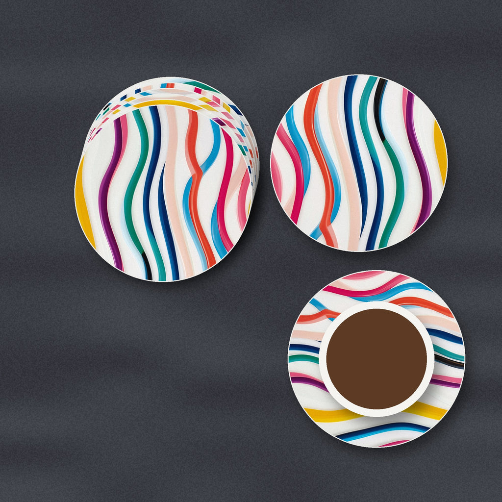 Rainbow Wavy Stripes ceramic coasters, matte finish, stacked on a slate kitchen worktop