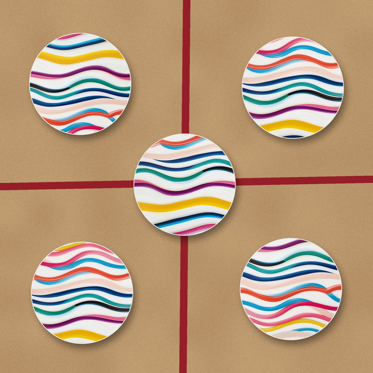 Rainbow Wavy Stripes ceramic coasters, glossy finish, on kraft gift wrap