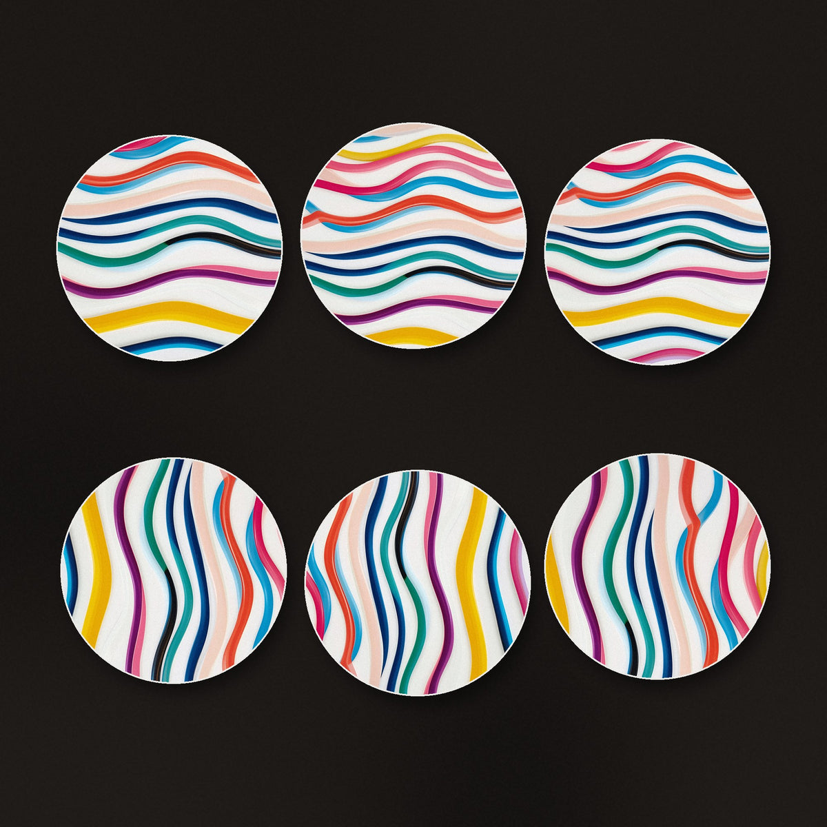 Rainbow Wavy Stripes round ceramic coasters, matte finish, on a dark bar counter