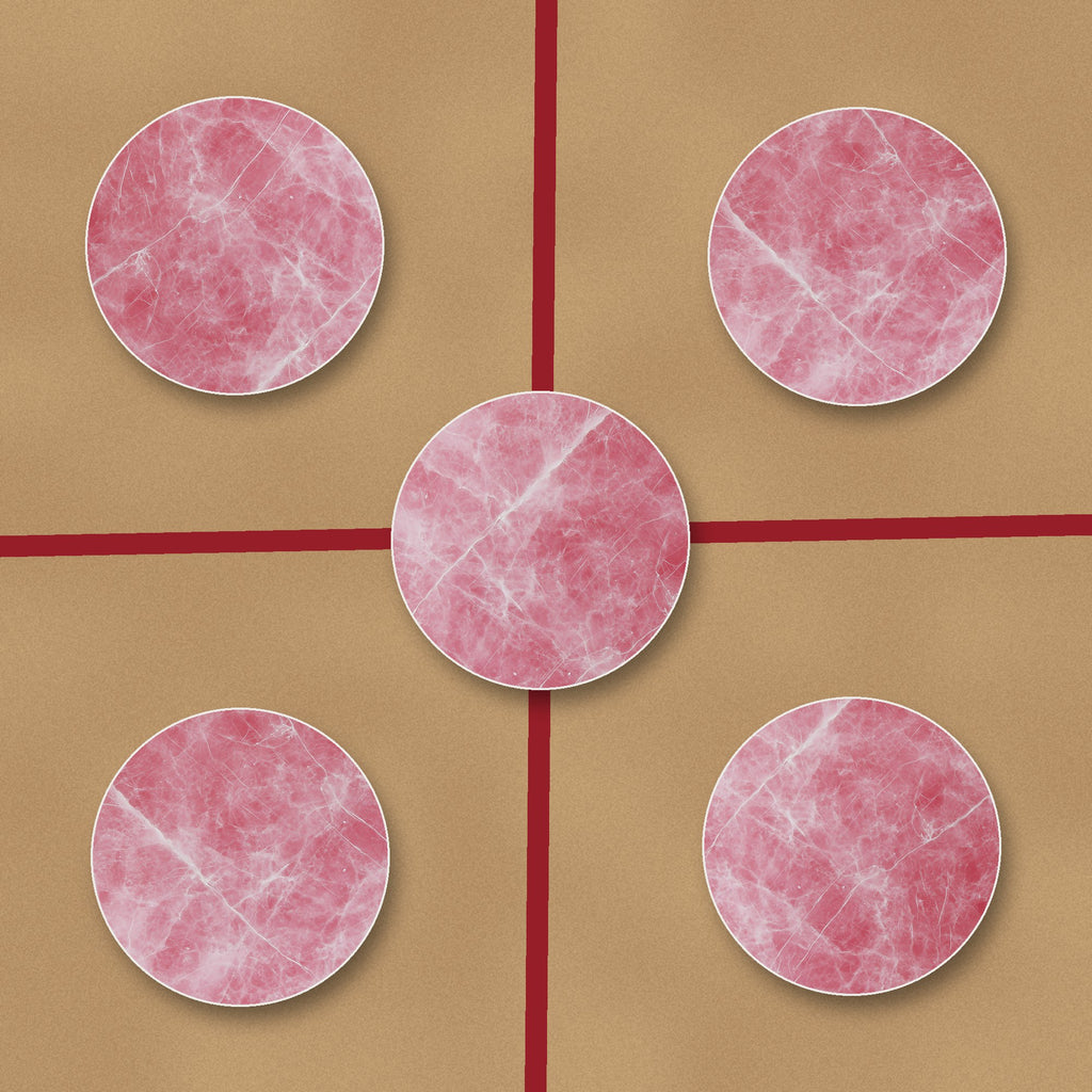 Rose Quartz Pink Marble ceramic coasters, glossy finish, on kraft gift wrap
