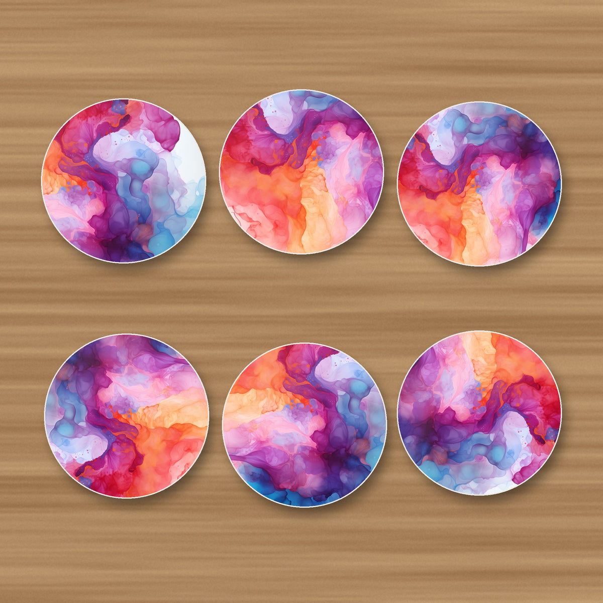 Pastel Alcohol Ink Marble round ceramic coasters, set of 6, glossy finish, on an oak coffee table
