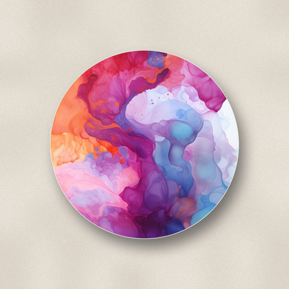 Close-up of one pastel alcohol ink marble ceramic coaster, glossy finish, flat UV print