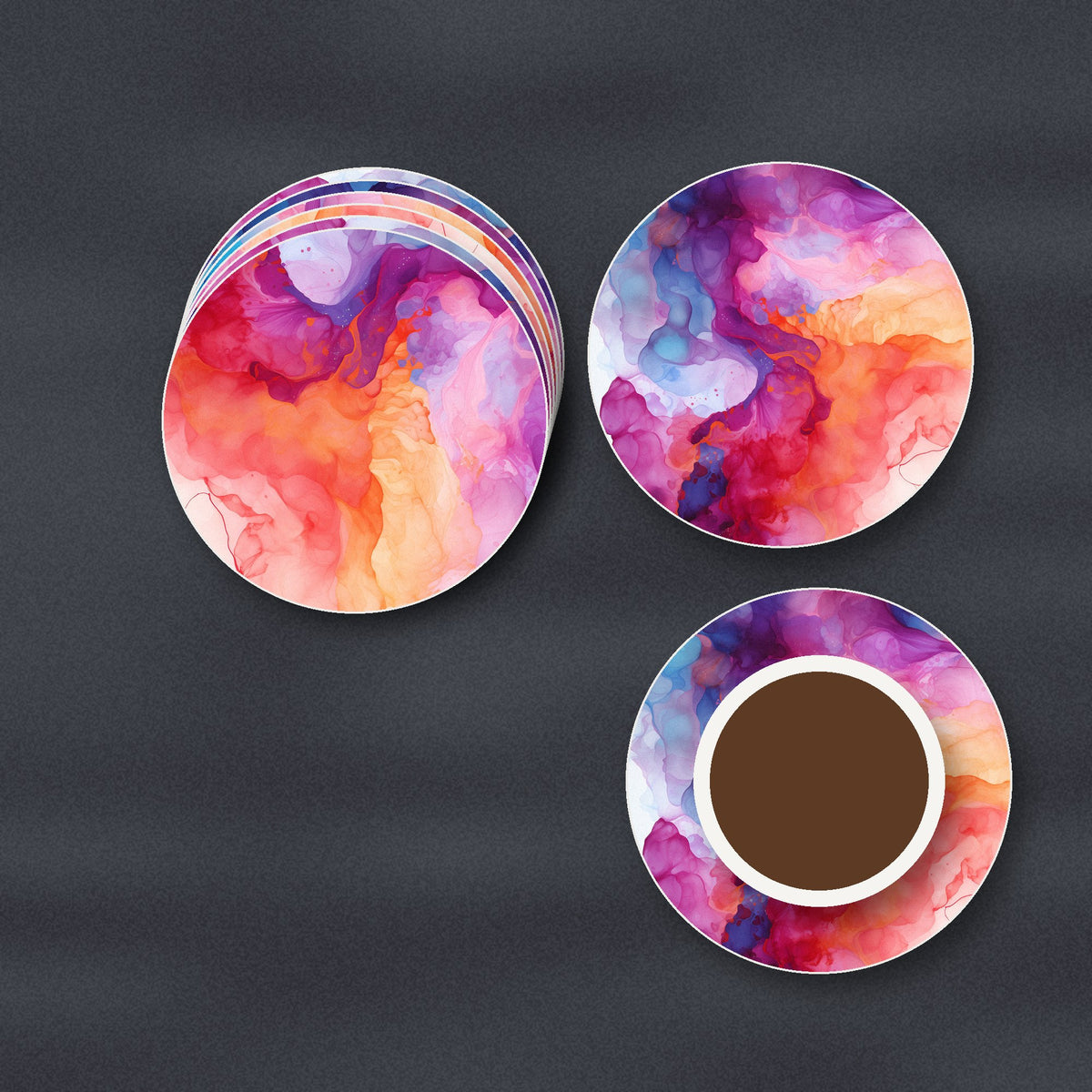 Pastel Alcohol Ink Marble ceramic coasters, matte finish, stacked on a slate kitchen worktop