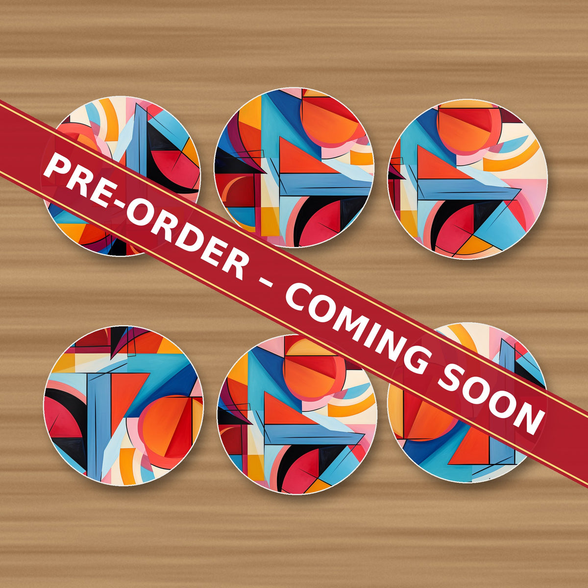 Bold Cubist Geometric round ceramic coaster set of 6, UV printed, pre-order coming soon