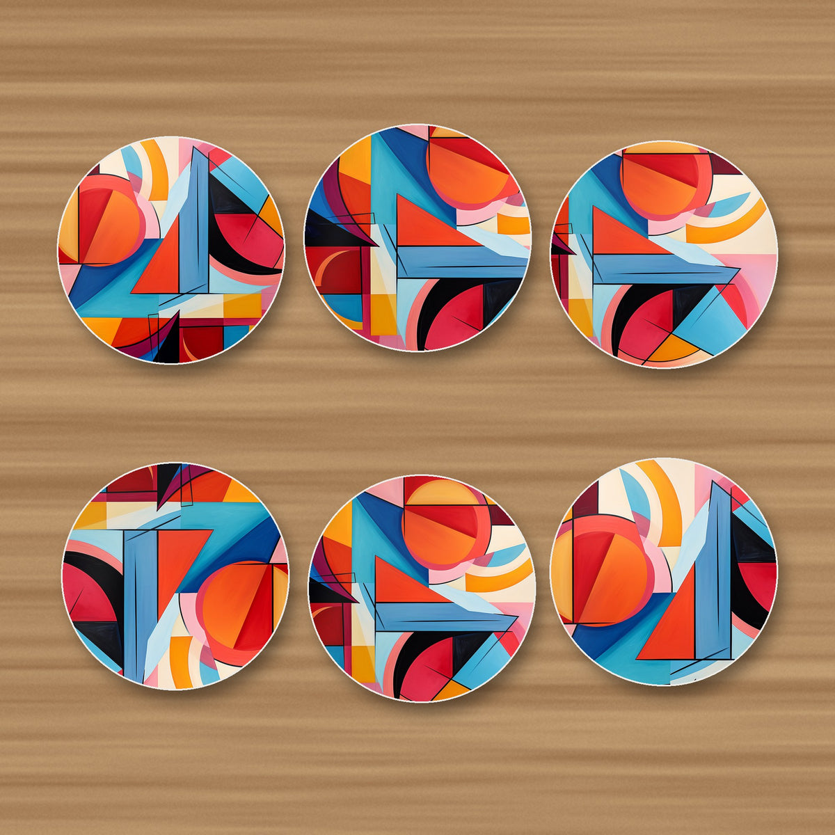 Bold Cubist Geometric round ceramic coasters, set of 6, glossy finish, on an oak coffee table