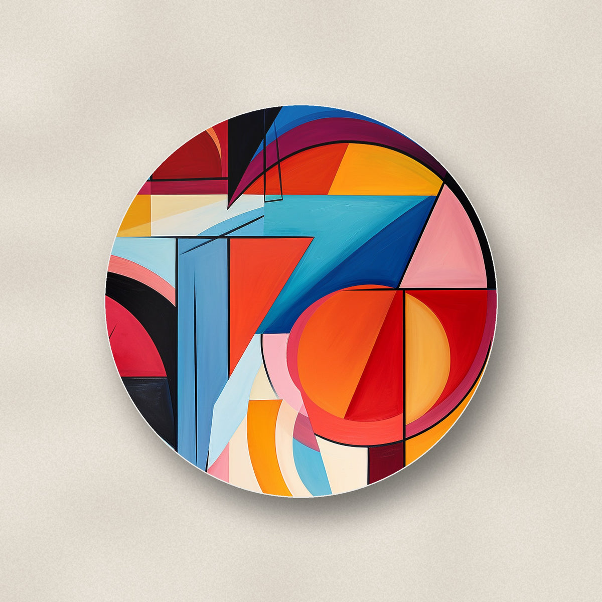 Close-up of one bold cubist geometric ceramic coaster, glossy finish, flat UV print