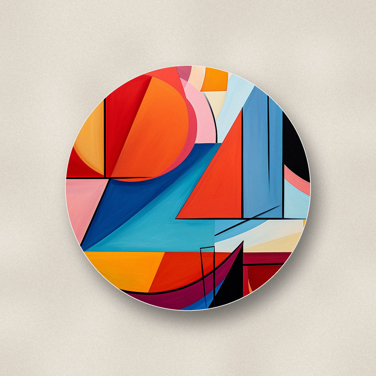 Close-up of one bold cubist geometric ceramic coaster, matte finish, flat UV print