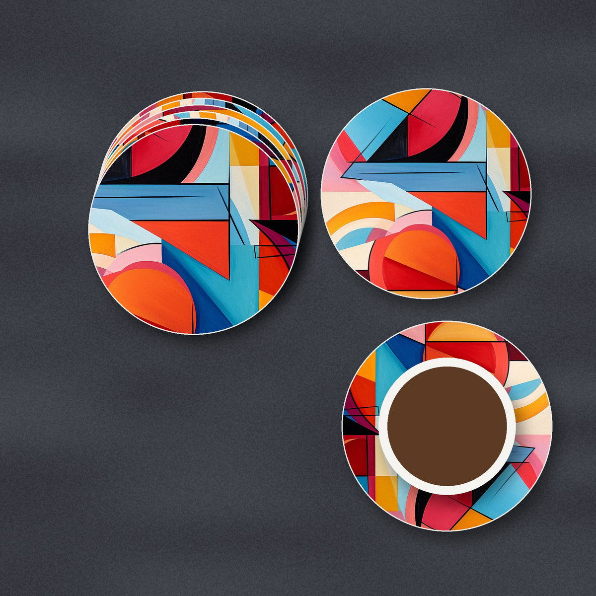 Bold Cubist Geometric ceramic coasters, matte finish, stacked on a slate kitchen worktop