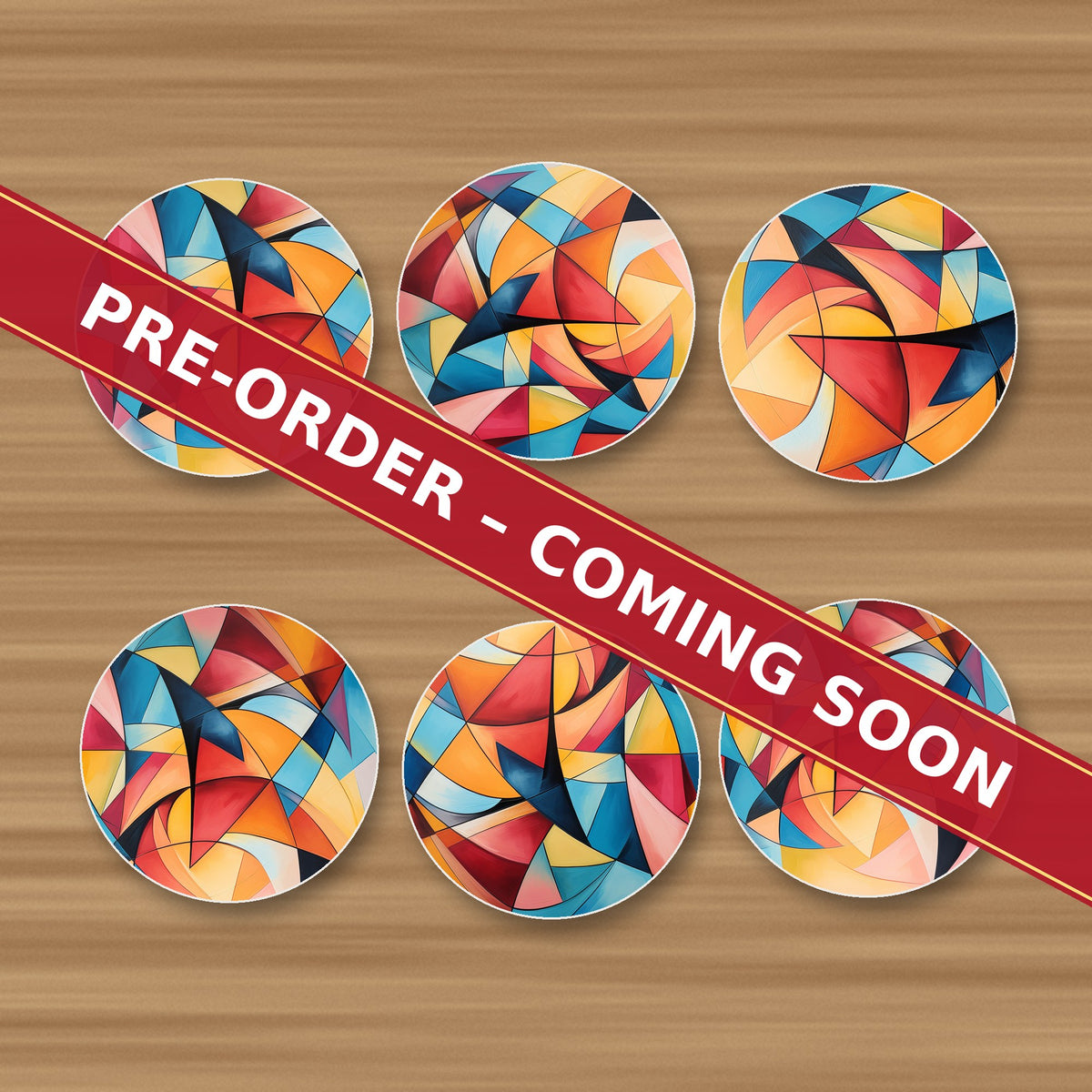 Cubist Colour Shards round ceramic coaster set of 6, UV printed, pre-order coming soon