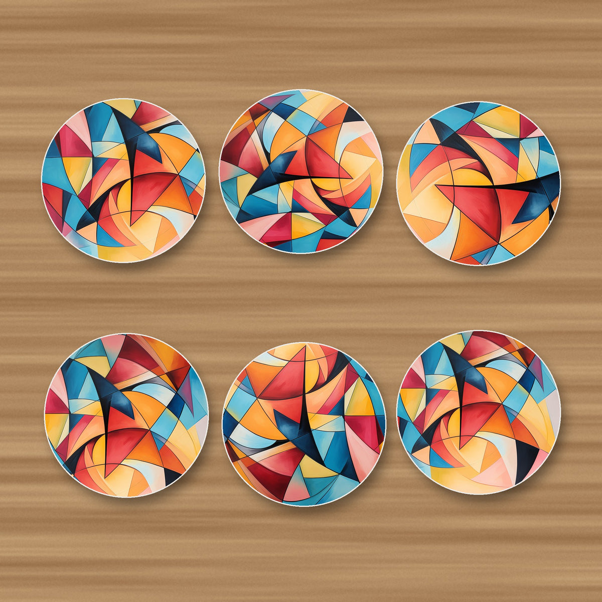 Cubist Colour Shards round ceramic coasters, set of 6, glossy finish, on an oak coffee table