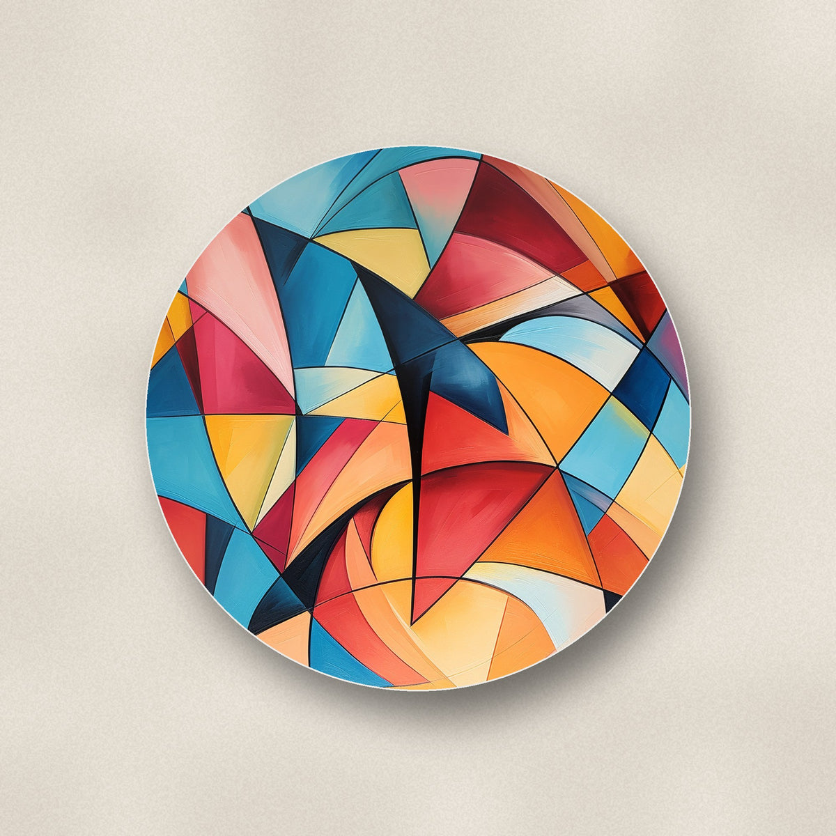 Close-up of one cubist colour shards ceramic coaster, glossy finish, flat UV print