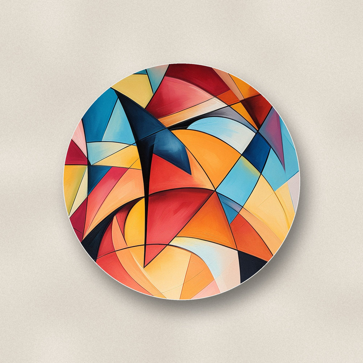 Close-up of one cubist colour shards ceramic coaster, matte finish, flat UV print