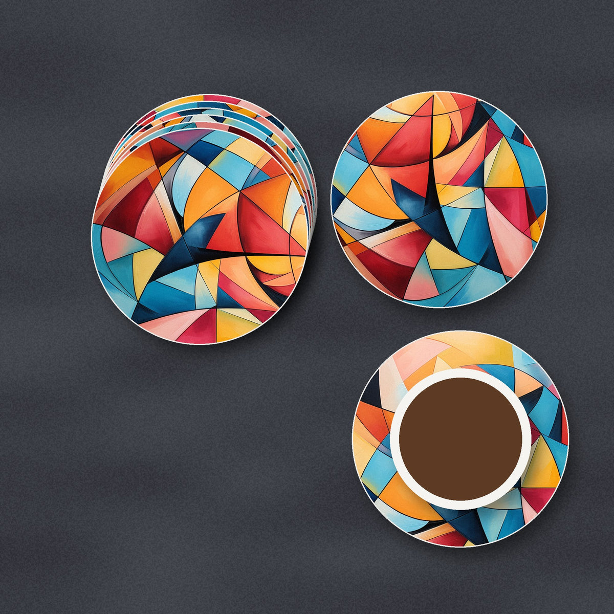 Cubist Colour Shards ceramic coasters, matte finish, stacked on a slate kitchen worktop