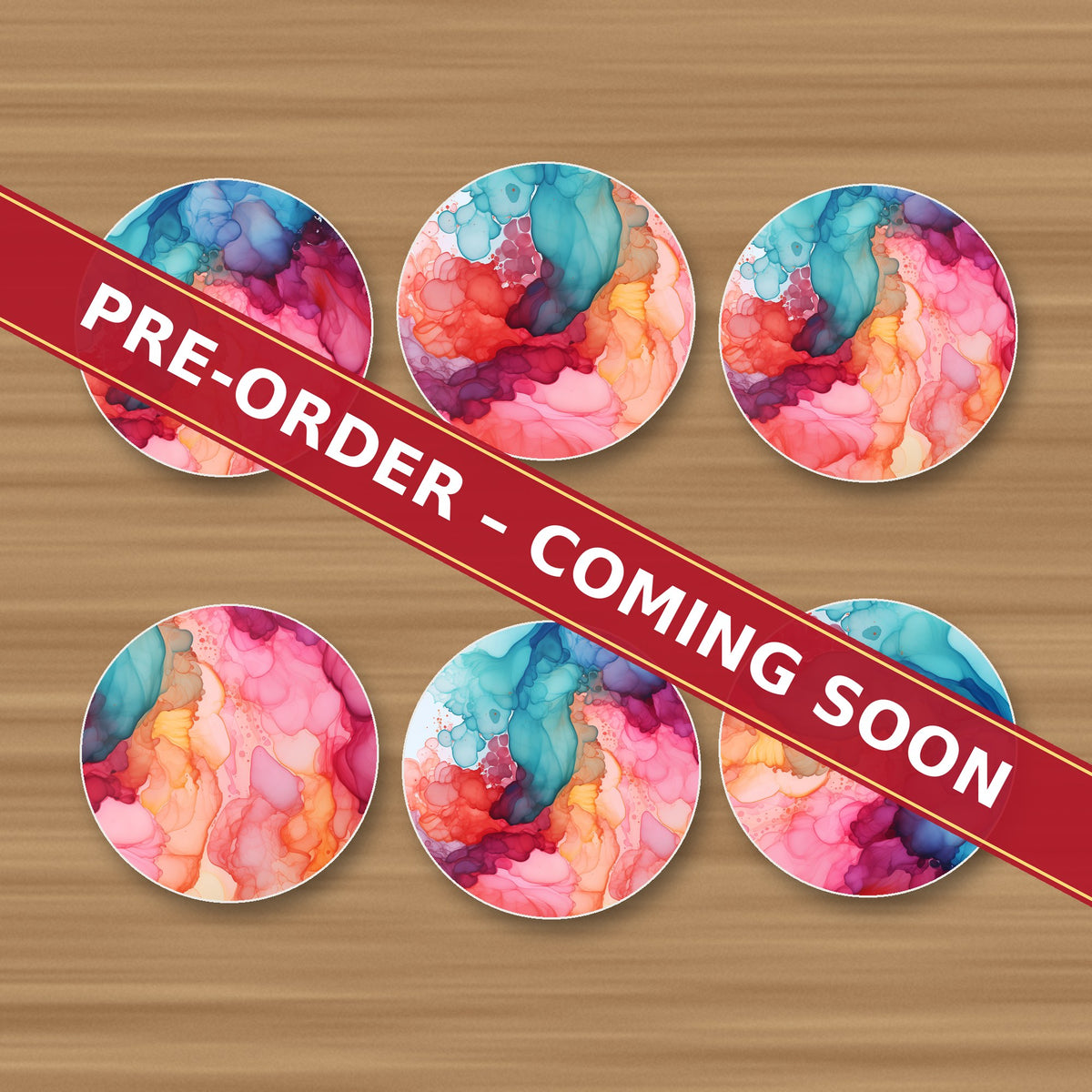 Sunset Alcohol Ink round ceramic coaster set of 6, UV printed, pre-order coming soon