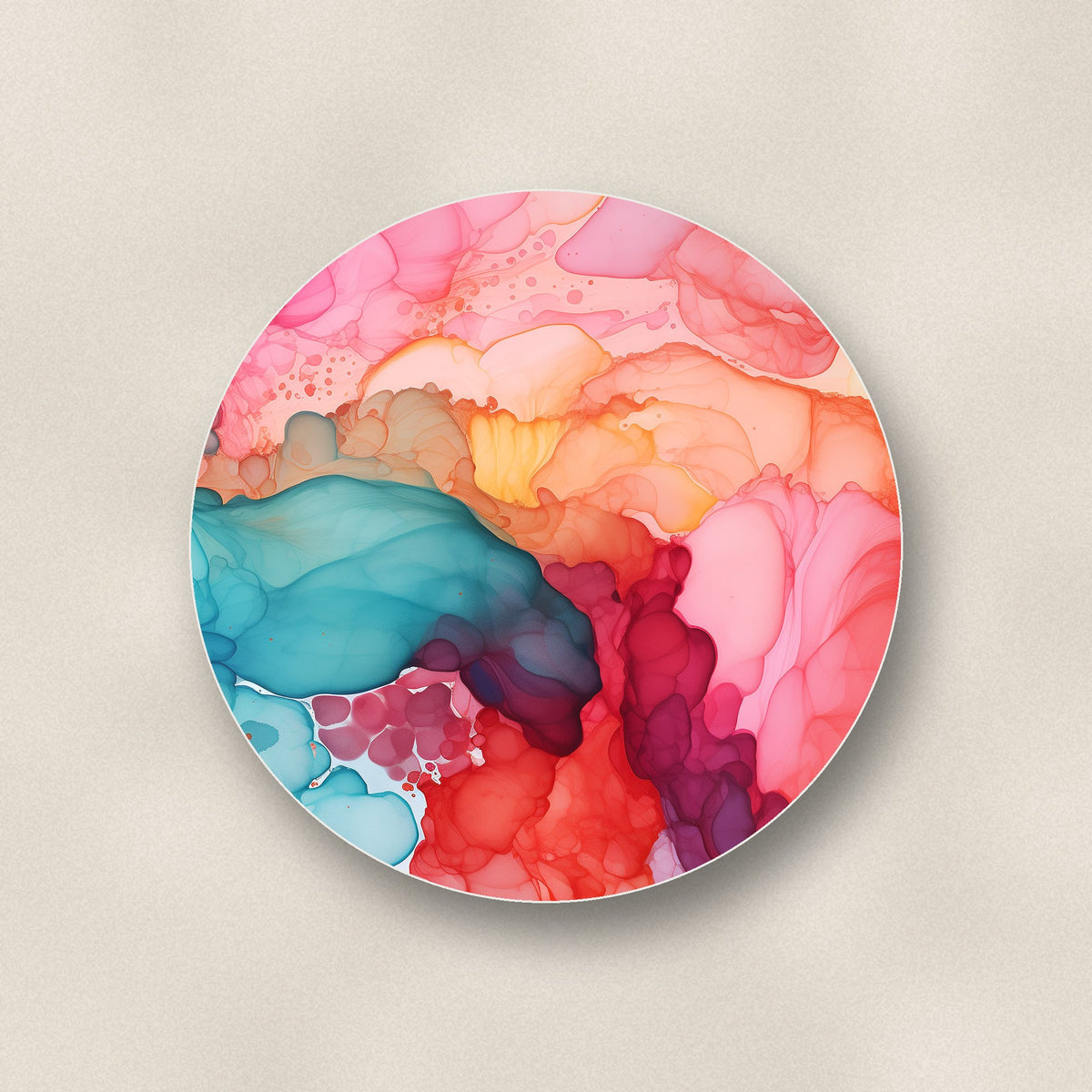 Close-up of one sunset alcohol ink ceramic coaster, glossy finish, flat UV print