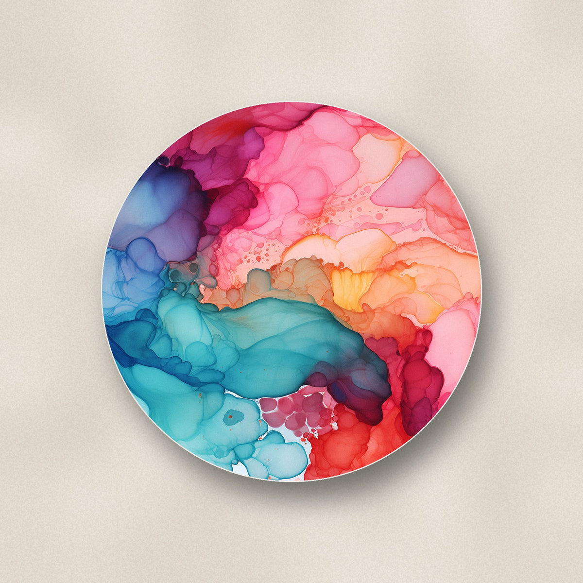 Close-up of one sunset alcohol ink ceramic coaster, matte finish, flat UV print