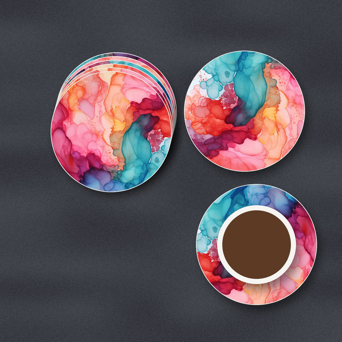 Sunset Alcohol Ink ceramic coasters, matte finish, stacked on a slate kitchen worktop