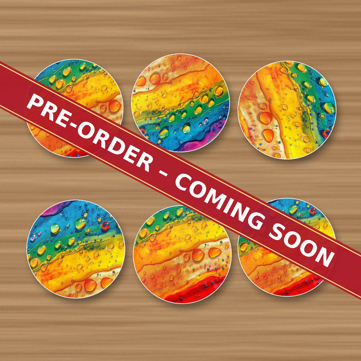 Rainbow Paint Pour round ceramic coaster set of 6, UV printed, pre-order coming soon