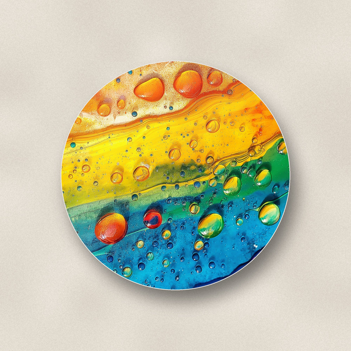 Close-up of one rainbow paint pour ceramic coaster, glossy finish, flat UV print