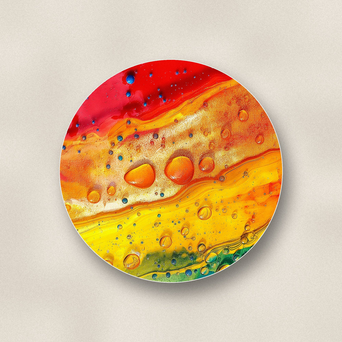 Close-up of one rainbow paint pour ceramic coaster, matte finish, flat UV print