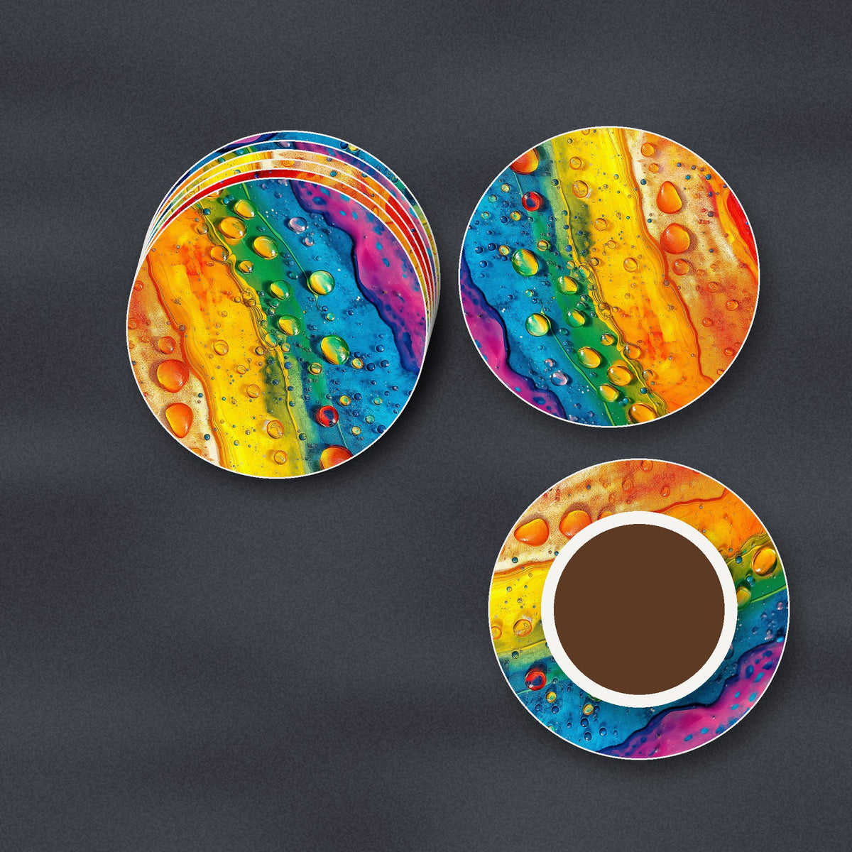 Rainbow Paint Pour ceramic coasters, matte finish, stacked on a slate kitchen worktop