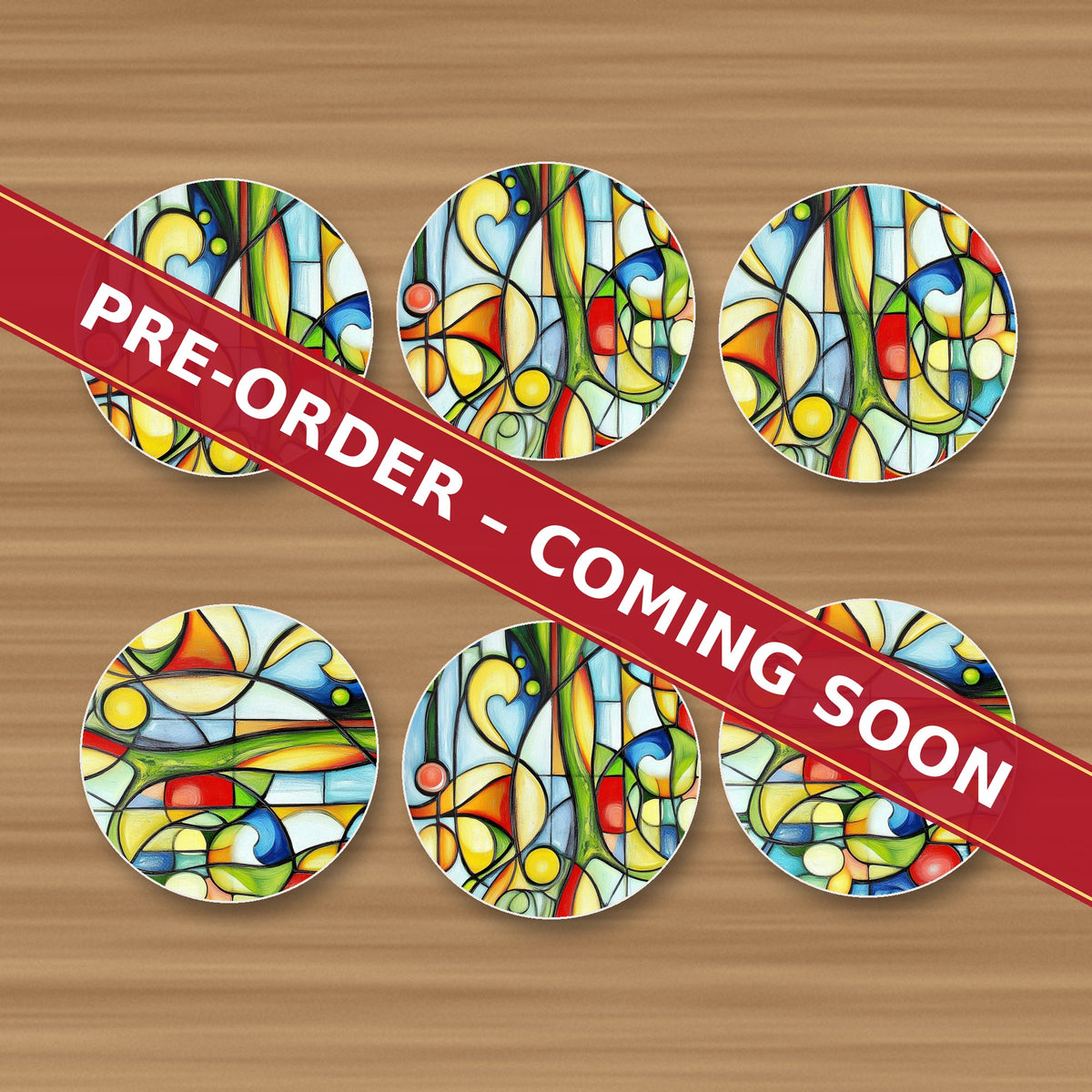 Cubist Garden Abstract round ceramic coaster set of 6, UV printed, pre-order coming soon
