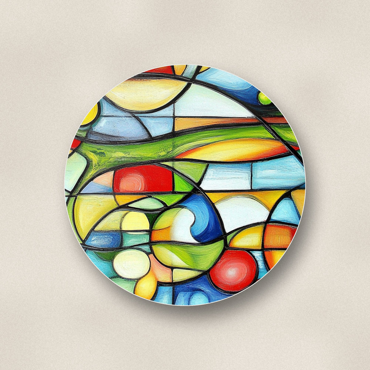 Close-up of one cubist garden abstract ceramic coaster, glossy finish, flat UV print