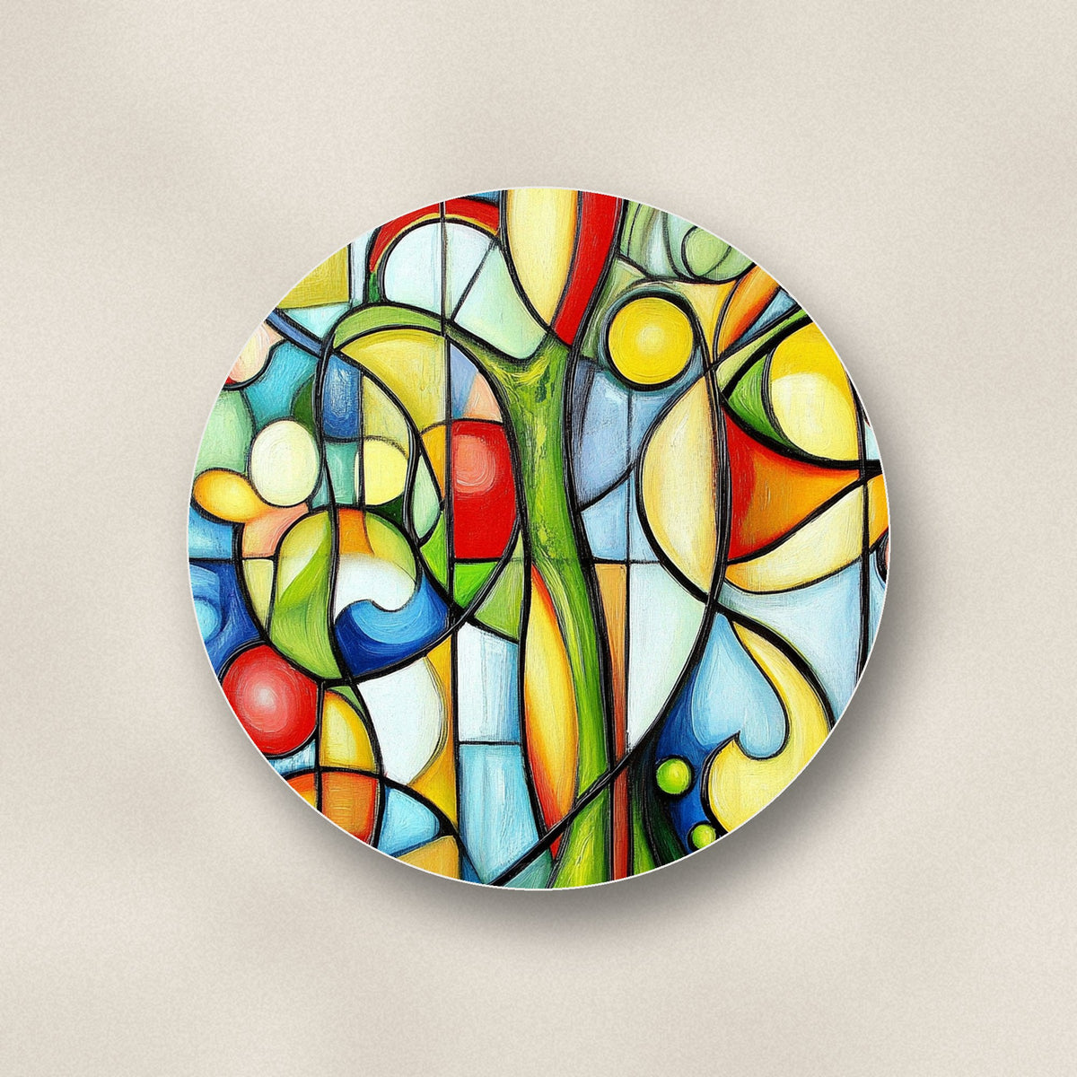 Close-up of one cubist garden abstract ceramic coaster, matte finish, flat UV print