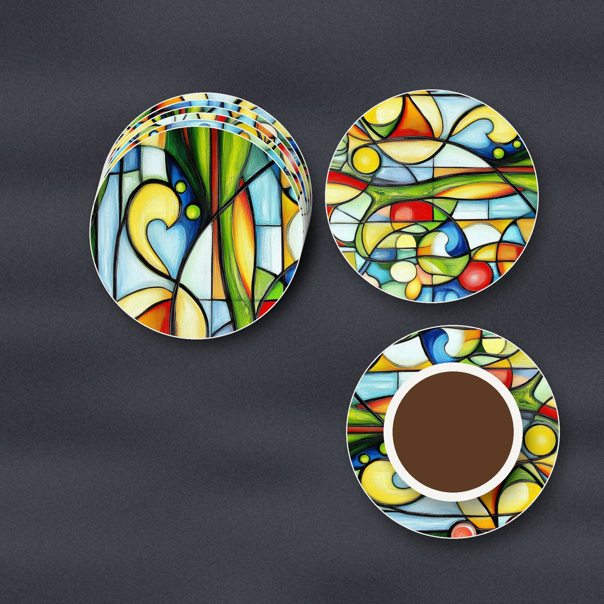 Cubist Garden Abstract ceramic coasters, matte finish, stacked on a slate kitchen worktop