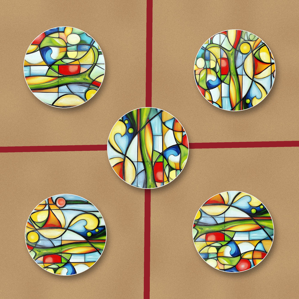 Cubist Garden Abstract ceramic coasters, glossy finish, on kraft gift wrap